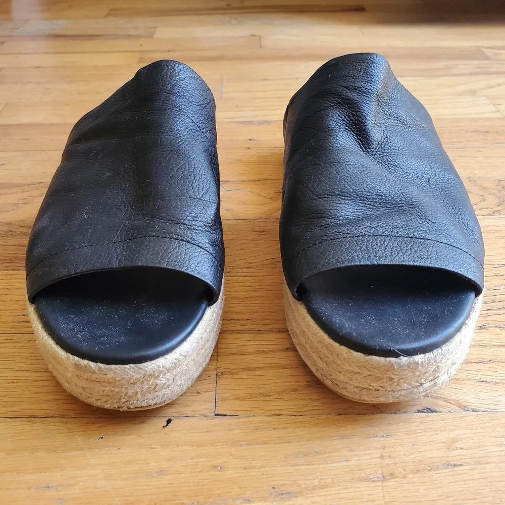 Vince Solana‎ Black Leather Platform Espadrille 9M Open Toe Slide On Minimalist